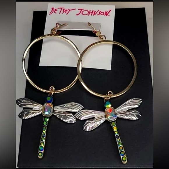 Betsey Johnson Jewelry - BETSEY JOHNSON Dangle Hoop Dragonfly Earrings Aurora Borealis Crystals NEW NWT